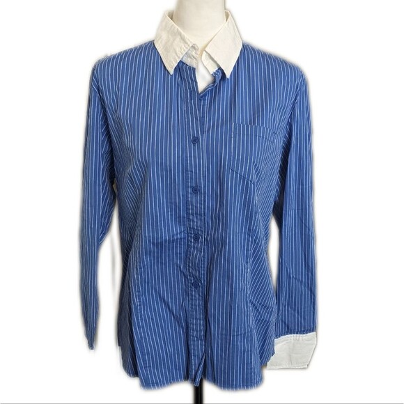 The Limited blue pinstripe blouse, white collar & wrists, pockets, buttons, L - Picture 1 of 7